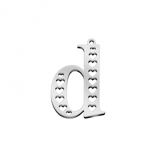 Picture of 304 Stainless Steel Charms Silver Tone Lowercase Letter Heart Message " D " Hollow 28mm x 19mm, 1 Piece