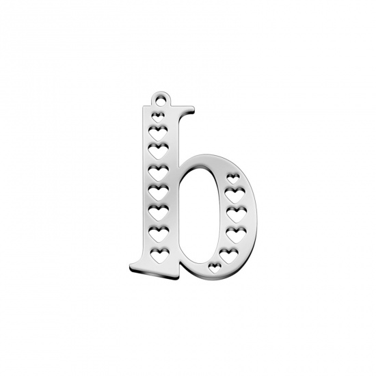 Picture of 304 Stainless Steel Charms Silver Tone Lowercase Letter Heart Message " B " Hollow 28mm x 19mm, 1 Piece