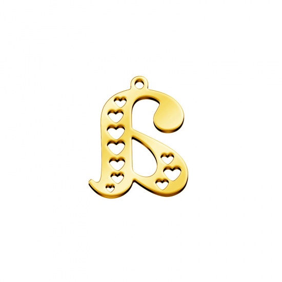 Picture of 304 Stainless Steel Charms Gold Plated Capital Alphabet/ Letter Heart Message " A " Hollow 20mm x 17mm, 1 Piece