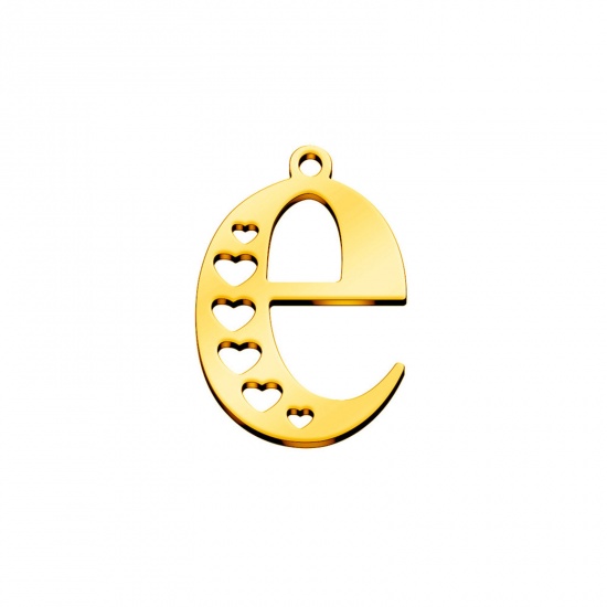 Picture of 304 Stainless Steel Charms Gold Plated Lowercase Letter Heart Message " E " Hollow 21mm x 15mm, 1 Piece
