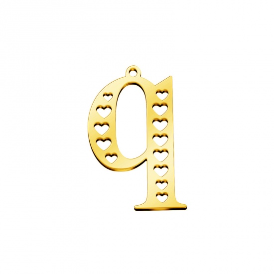 Picture of 304 Stainless Steel Charms Gold Plated Lowercase Letter Heart Message " Q " Hollow 29mm x 19mm, 1 Piece