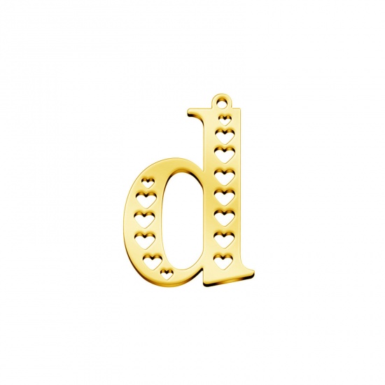 Picture of 304 Stainless Steel Charms Gold Plated Lowercase Letter Heart Message " D " Hollow 28mm x 19mm, 1 Piece