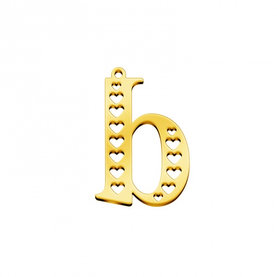 Picture of 304 Stainless Steel Charms Gold Plated Lowercase Letter Heart Message " B " Hollow 28mm x 19mm, 1 Piece