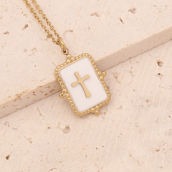 Bild von Edelstahl Religiös Halskette Vergoldet Weiß Rechteck Kreuz Emaille 40cm lang, 1 Strang