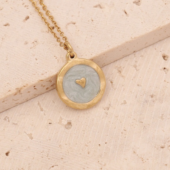 Bild von Edelstahl Ins Stil Halskette Vergoldet Weiß Rund Herz Emaille 40cm lang, 1 Strang