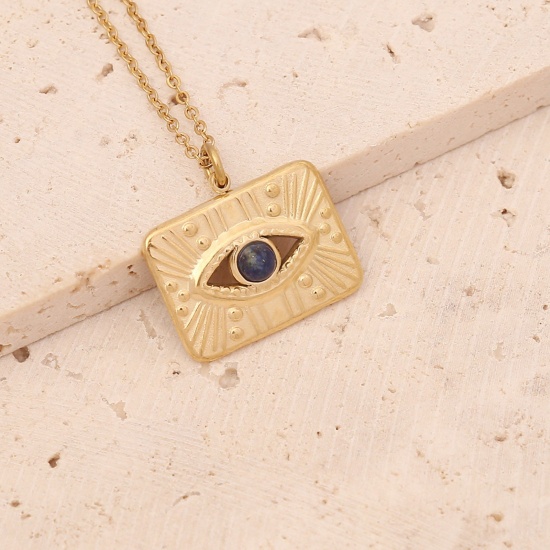 Bild von Edelstahl Ins Stil Halskette Vergoldet Rechteck Auge Blau Strass 40cm lang, 1 Strang