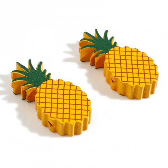 Picture of Wood Ocean Jewelry Spacer Beads Pineapple/ Ananas Fruit Yellow About 3.9cm x 1.9cm, 10 PCs