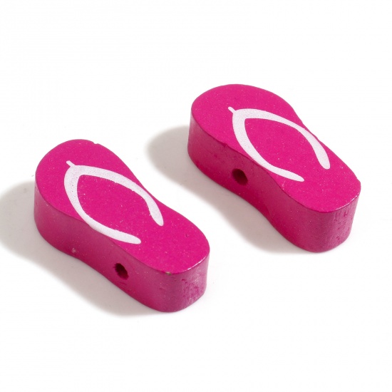 Picture of Wood Ocean Jewelry Spacer Beads Flip Flops Slipper Fuchsia About 29mm x 14mm, 10 Pairs