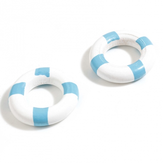 Picture of Wood Ocean Jewelry Spacer Beads Swim Ring Blue About 25mm Dia., 10 PCs