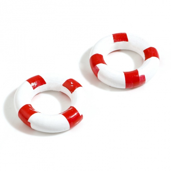 Picture of Wood Ocean Jewelry Spacer Beads Swim Ring Red About 25mm Dia., 10 PCs