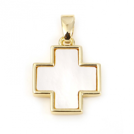 Bild von Muschel + Kupfer Geometrie Serie Charms Vergoldet Weiß Kreuz 20mm x 13mm, 1 Stück
