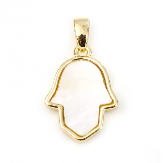 Picture of Shell & Copper Geometry Series Charms Gold Plated White Hamsa Symbol Hand 21mm x 12mm, 1 Piece