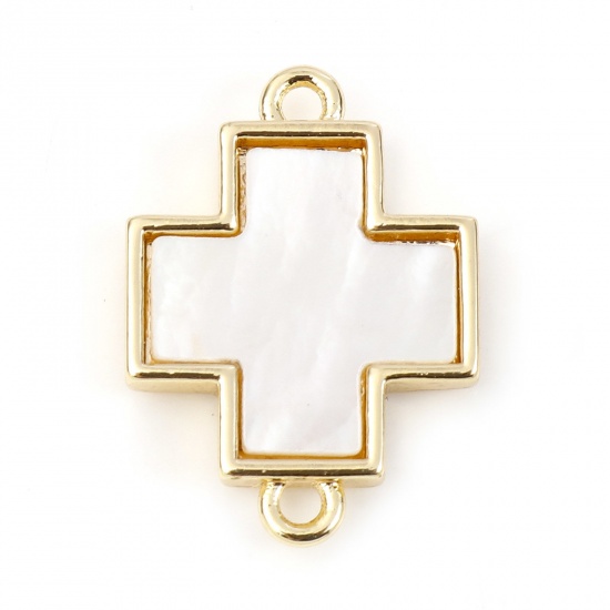 Bild von Muschel + Kupfer Geometrie Serie Verbinder Vergoldet Weiß Kreuz 18mm x 13mm, 1 Stück