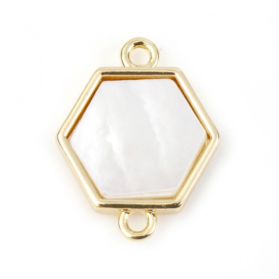 Bild von Muschel + Kupfer Geometrie Serie Verbinder Vergoldet Weiß Hexagon 16mm x 13mm, 1 Stück