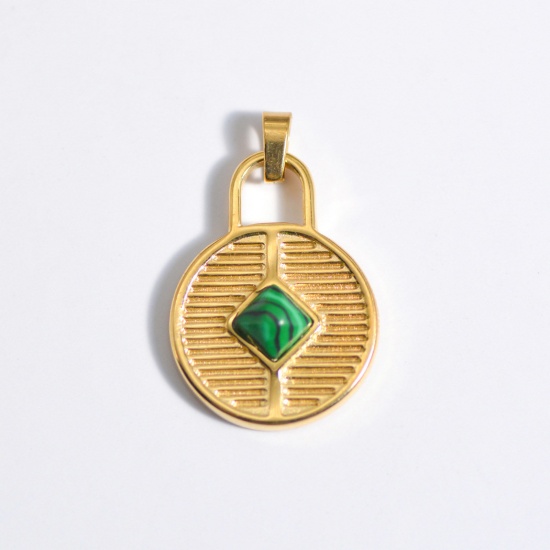 Picture of Stainless Steel Ins Style Charms Gold Plated Green Lock 28mm x 25mm, 1 Piece