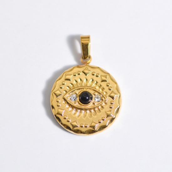 Picture of Stainless Steel Ins Style Charms Gold Plated Blue Round Eye 25mm x 25mm, 1 Piece
