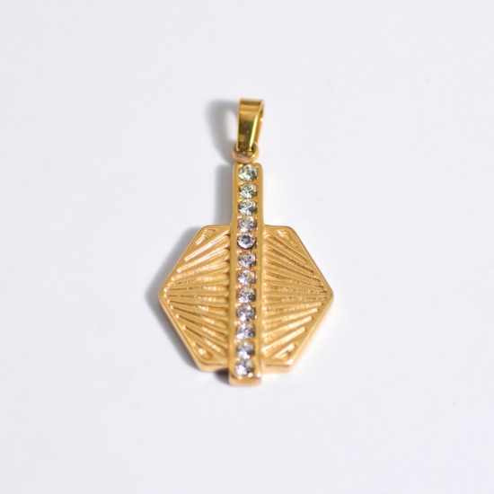 Picture of Stainless Steel Ins Style Charms Gold Plated Polygon Clear Rhinestone 28mm x 15mm, 1 Piece