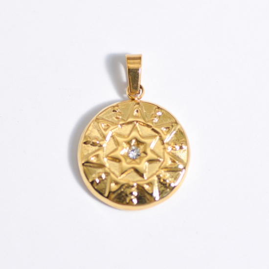 Picture of Stainless Steel Ins Style Charms Gold Plated Round Sun Clear Rhinestone 25mm x 25mm, 1 Piece