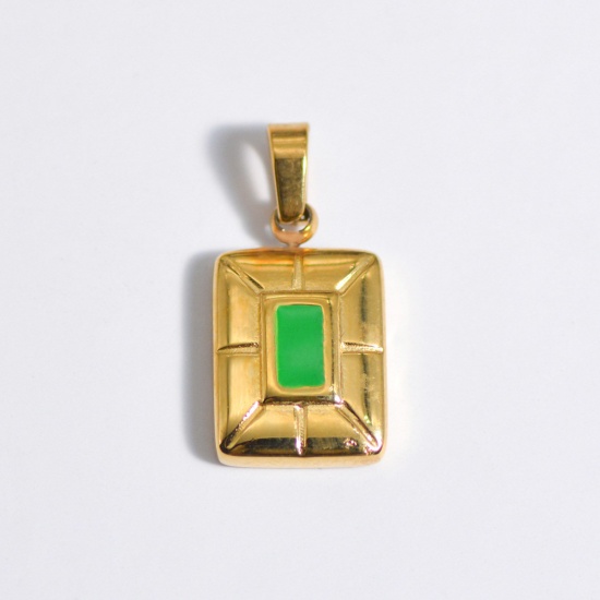 Picture of Stainless Steel Ins Style Charms Gold Plated Green Rectangle Enamel 25mm x 15mm, 1 Piece