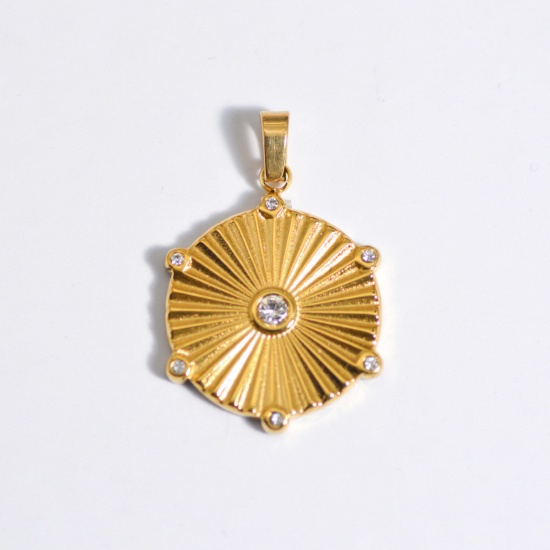 Picture of Stainless Steel Ins Style Charms Gold Plated Round Stripe Clear Rhinestone 25mm x 25mm, 1 Piece