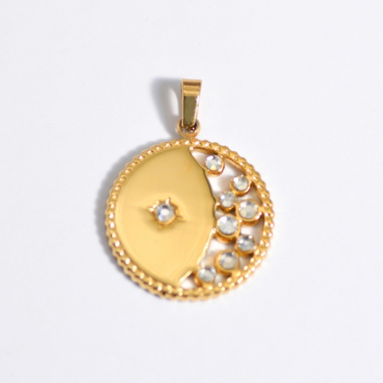 Picture of Stainless Steel Ins Style Charms Gold Plated Round Moon Clear Rhinestone 25mm x 25mm, 1 Piece