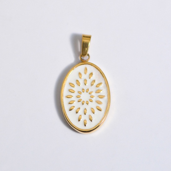 Picture of Stainless Steel Ins Style Charms Gold Plated White Oval Flower Enamel 25mm x 25mm, 1 Piece