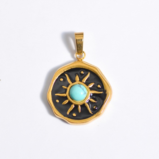 Image de Stainless Steel Galaxy Charms Gold Plated Black Round Sun Enamel 25mm x 25mm, 1 Piece