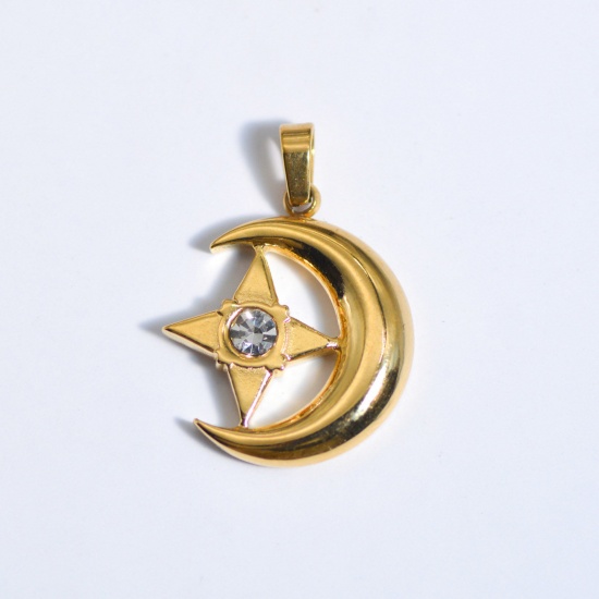 Picture of Stainless Steel Ins Style Charms Gold Plated Half Moon Star Clear Rhinestone 28mm x 10mm, 1 Piece
