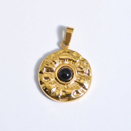 Picture of Stainless Steel Ins Style Charms Gold Plated Black Round 25mm x 25mm, 1 Piece