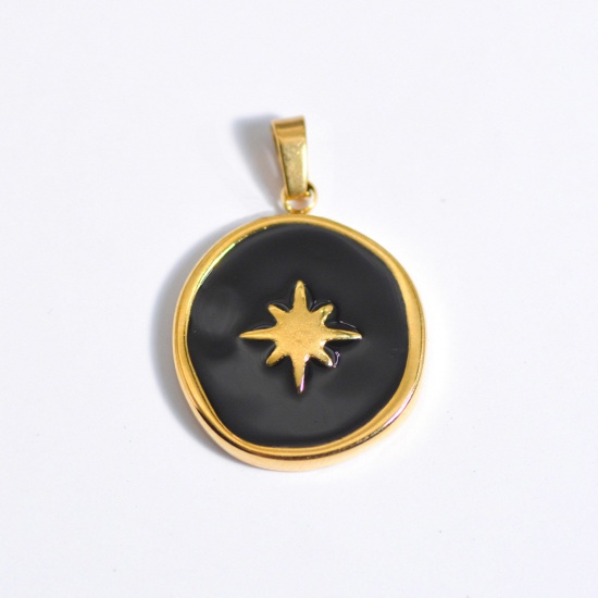 Image de Stainless Steel Ins Style Charms Gold Plated Black Round Eight Pointed Star Enamel 25mm x 25mm, 1 Piece