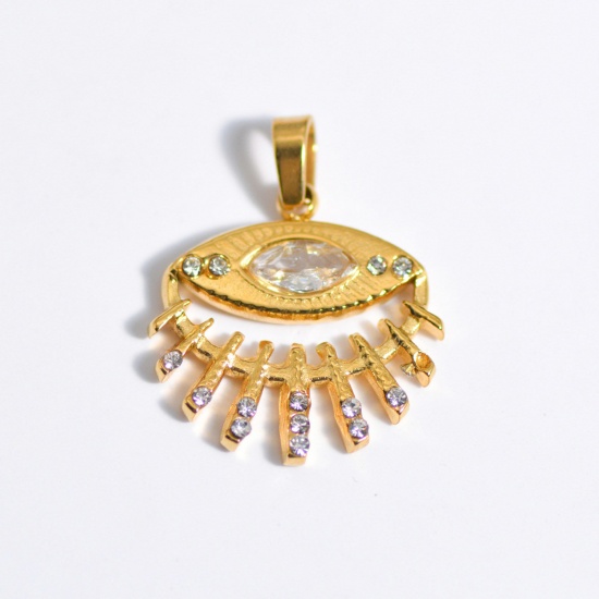 Picture of Stainless Steel Ins Style Charms Gold Plated Eye Clear Rhinestone 25mm x 15mm, 1 Piece
