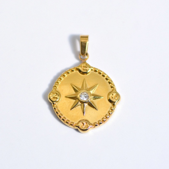 Image de Stainless Steel Ins Style Charms Gold Plated Round Eight Pointed Star Clear Rhinestone 25mm x 25mm, 1 Piece