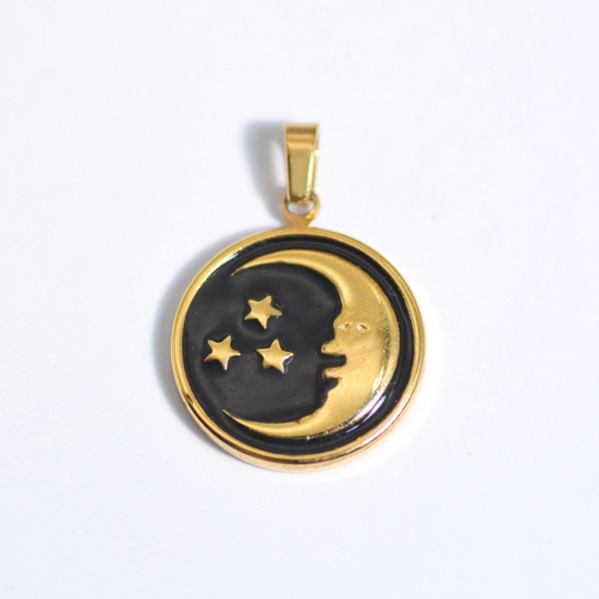 Picture of Stainless Steel Religious Charms Gold Plated Black Round Moon Enamel 25mm x 25mm, 1 Piece