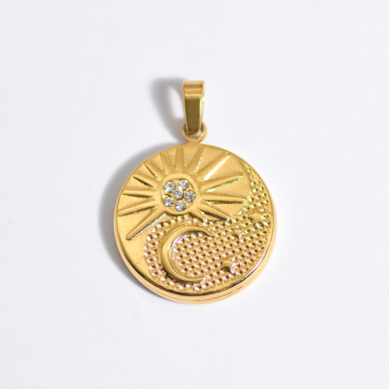 Picture of Stainless Steel Ins Style Charms Gold Plated Round Sun Clear Rhinestone 28mm x 21mm, 1 Piece