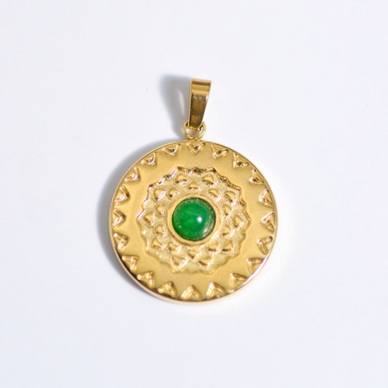 Picture of Stainless Steel Ins Style Charms Gold Plated Green Round Carved Pattern 28mm x 24mm, 1 Piece