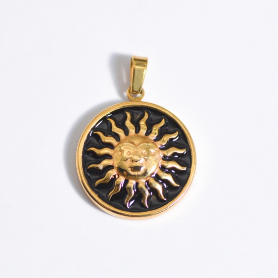 Picture of Stainless Steel Galaxy Charms Gold Plated Black Round Sun Enamel 25mm x 25mm, 1 Piece