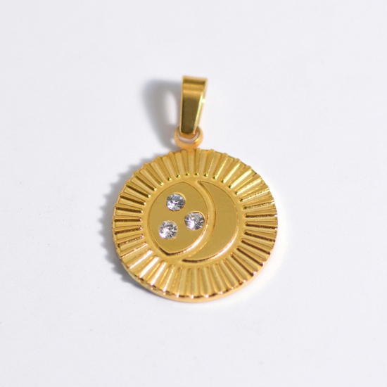 Image de Stainless Steel Ins Style Charms Gold Plated Round Sun Clear Rhinestone 25mm x 25mm, 1 Piece