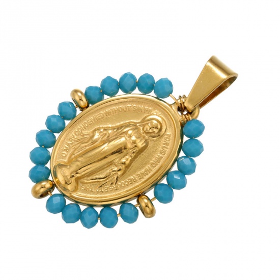 Picture of Stainless Steel & Glass Religious Pendants Gold Plated Blue Oval Virgin Mary 38mm x 24mm, 1 Piece