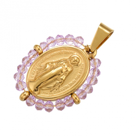 Picture of Stainless Steel & Glass Religious Pendants Gold Plated Purple Oval Virgin Mary 38mm x 24mm, 1 Piece