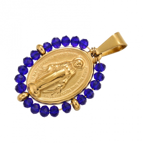 Picture of Stainless Steel & Glass Religious Pendants Gold Plated Dark Blue Oval Virgin Mary 38mm x 24mm, 1 Piece