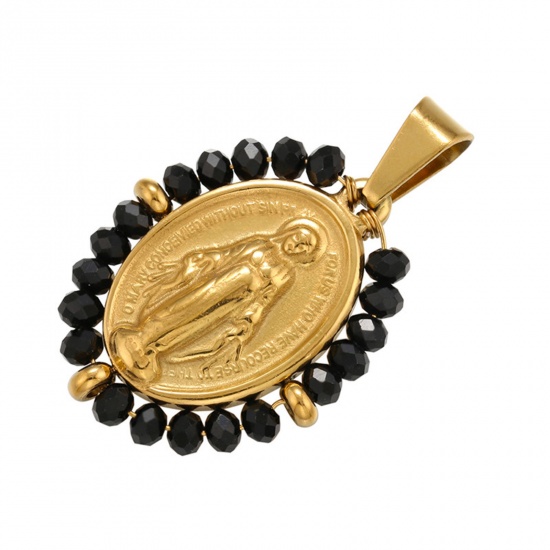 Picture of Stainless Steel & Glass Religious Pendants Gold Plated Black Oval Virgin Mary 38mm x 24mm, 1 Piece