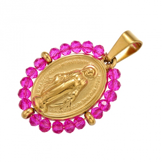 Picture of Stainless Steel & Glass Religious Pendants Gold Plated Fuchsia Oval Virgin Mary 38mm x 24mm, 1 Piece