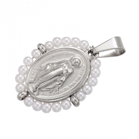 Picture of Stainless Steel & Natural Pearl Religious Pendants Silver Tone White Oval Virgin Mary 38mm x 24mm, 1 Piece