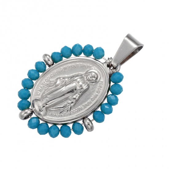 Picture of Stainless Steel & Glass Religious Pendants Silver Tone Blue Oval Virgin Mary 38mm x 24mm, 1 Piece