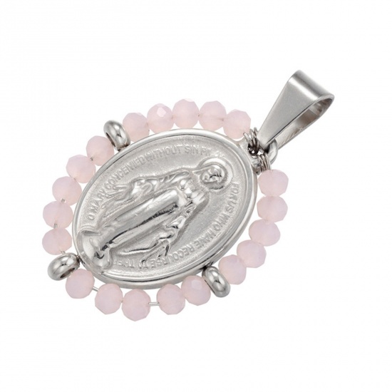 Picture of Stainless Steel & Glass Religious Pendants Silver Tone Light Pink Oval Virgin Mary 38mm x 24mm, 1 Piece
