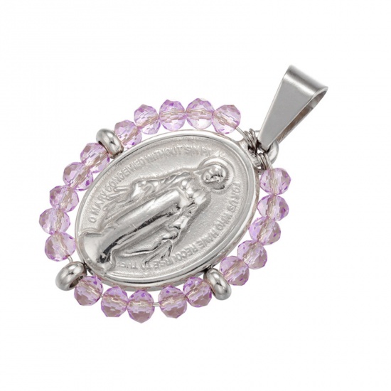 Picture of Stainless Steel & Glass Religious Pendants Silver Tone Purple Oval Virgin Mary 38mm x 24mm, 1 Piece