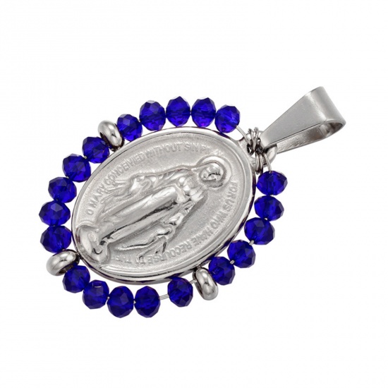 Picture of Stainless Steel & Glass Religious Pendants Silver Tone Dark Blue Oval Virgin Mary 38mm x 24mm, 1 Piece