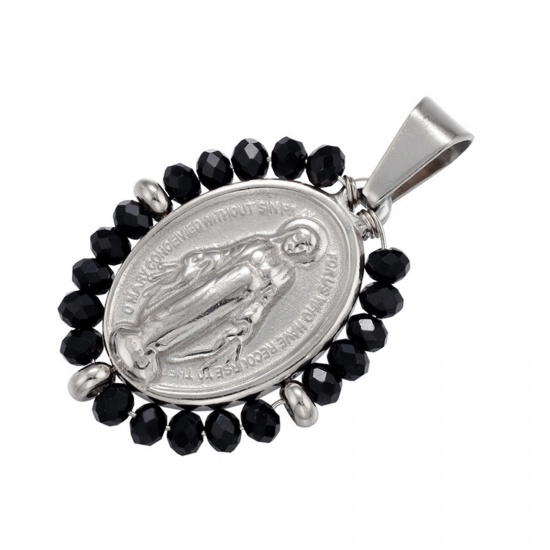 Picture of Stainless Steel & Glass Religious Pendants Silver Tone Black Oval Virgin Mary 38mm x 24mm, 1 Piece