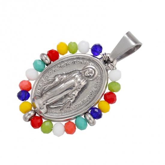 Picture of Stainless Steel & Glass Religious Pendants Silver Tone Multicolor Oval Virgin Mary 38mm x 24mm, 1 Piece
