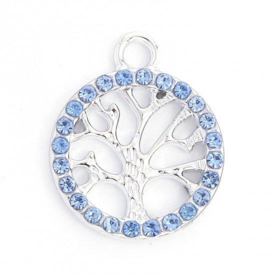 Bild von Zinklegierung Charms Rund Silberfarbe Lebensbaum Blau Strass 19mm x 16mm, 10 Stück